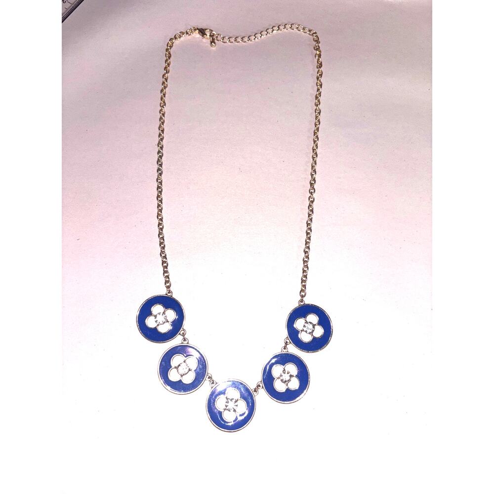 Fashion Necklace Blue Round Stone Center 24” Gold Tone Chain